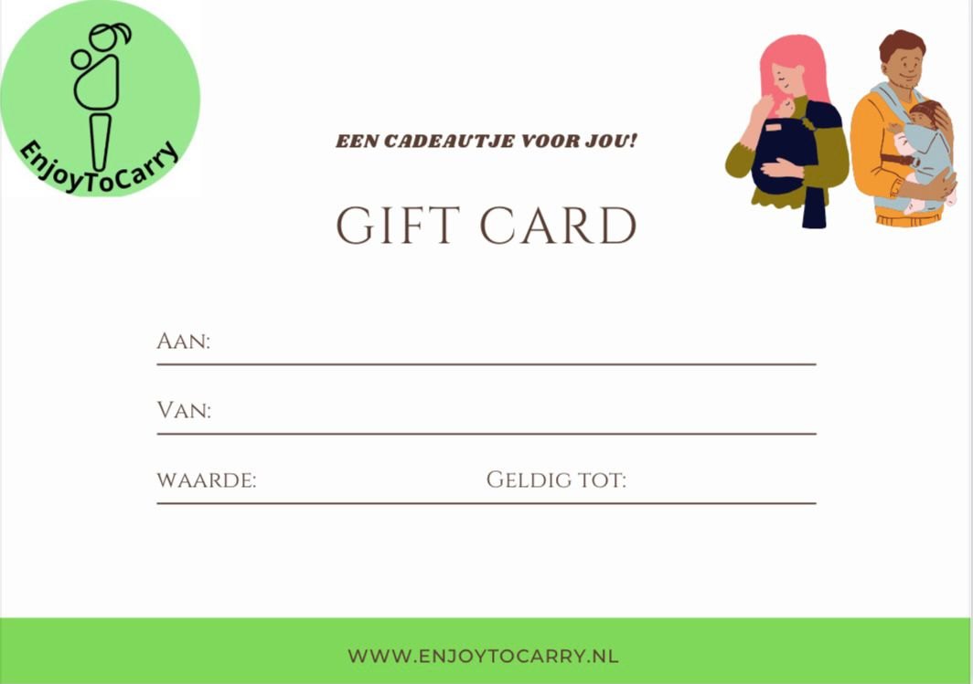 Cadeaubon van EnjoyToCarry met de opdruk GIFT CARD en regels voor AAN, VAN, WAARDE en GELDIG TOT